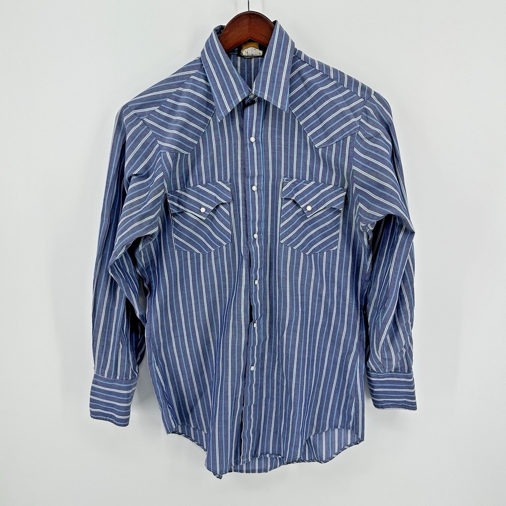 Vintage Holt Western Shirt Mens M Blue Pearl Snaps Long Sleeve Made in USA